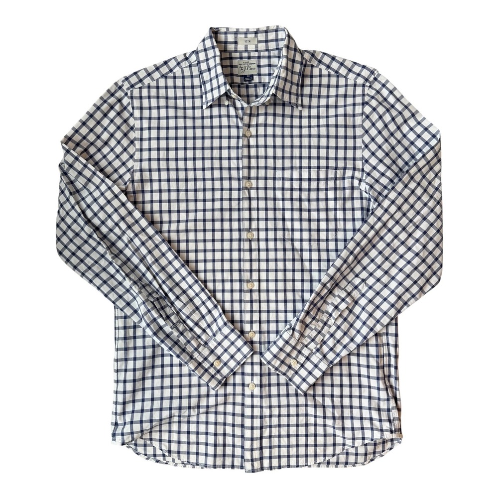 J.Crew Slim Fit Navy White Check Button Down Shirt Mens Medium Preppy‎ Cotton